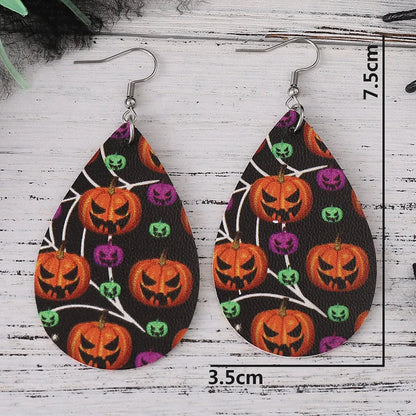 1 Pair Hip-Hop Retro Printing Pumpkin Water Droplets Pu Leather Drop Earrings