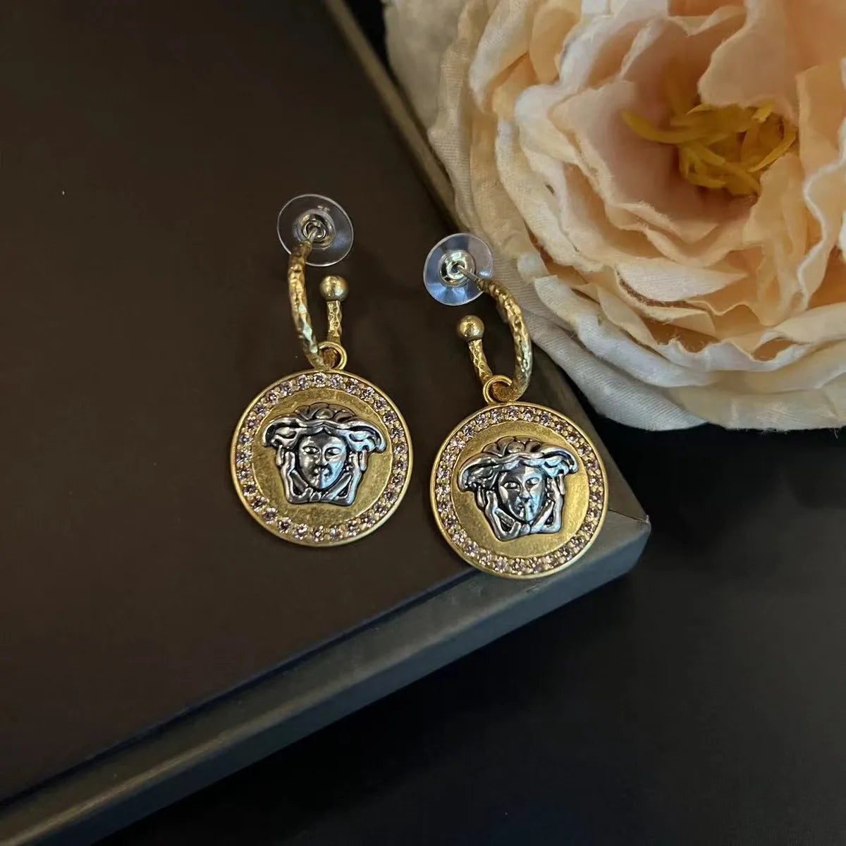 1 Pair Hip-Hop Retro Round Statue Plating Inlay Artificial Crystal Copper Artificial Crystal Copper 24K Gold Plated Drop Earrings