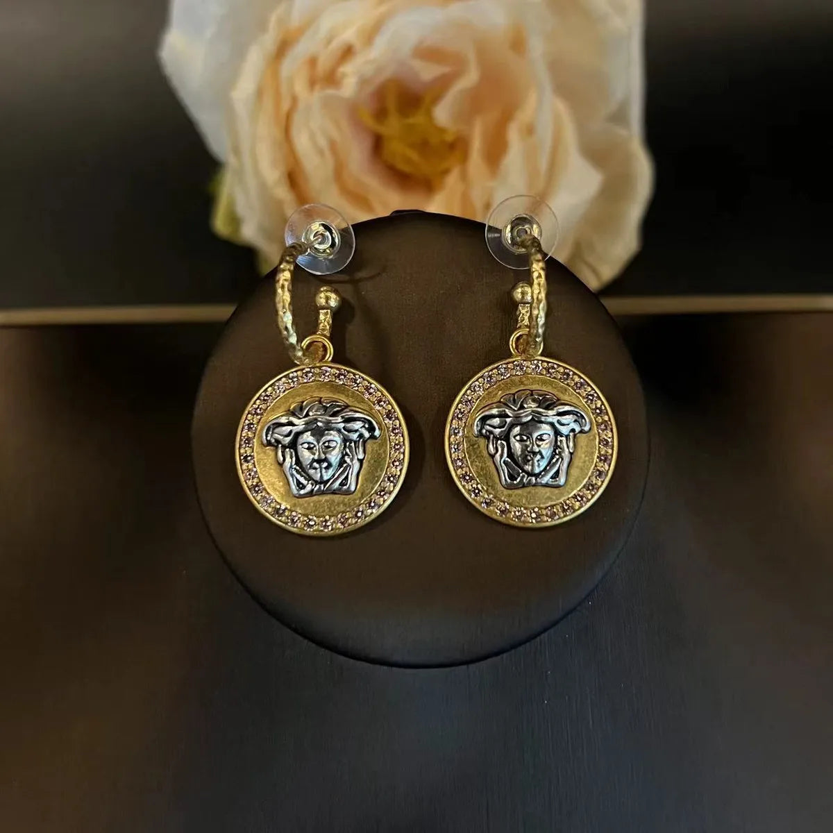 1 Pair Hip-Hop Retro Round Statue Plating Inlay Artificial Crystal Copper Artificial Crystal Copper 24K Gold Plated Drop Earrings