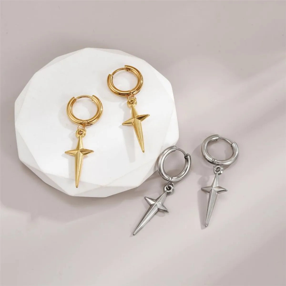 1 Pair Hip-hop Retro Simple Style Cross Polishing Plating Stainless Steel 18k Gold Plated Drop Earrings