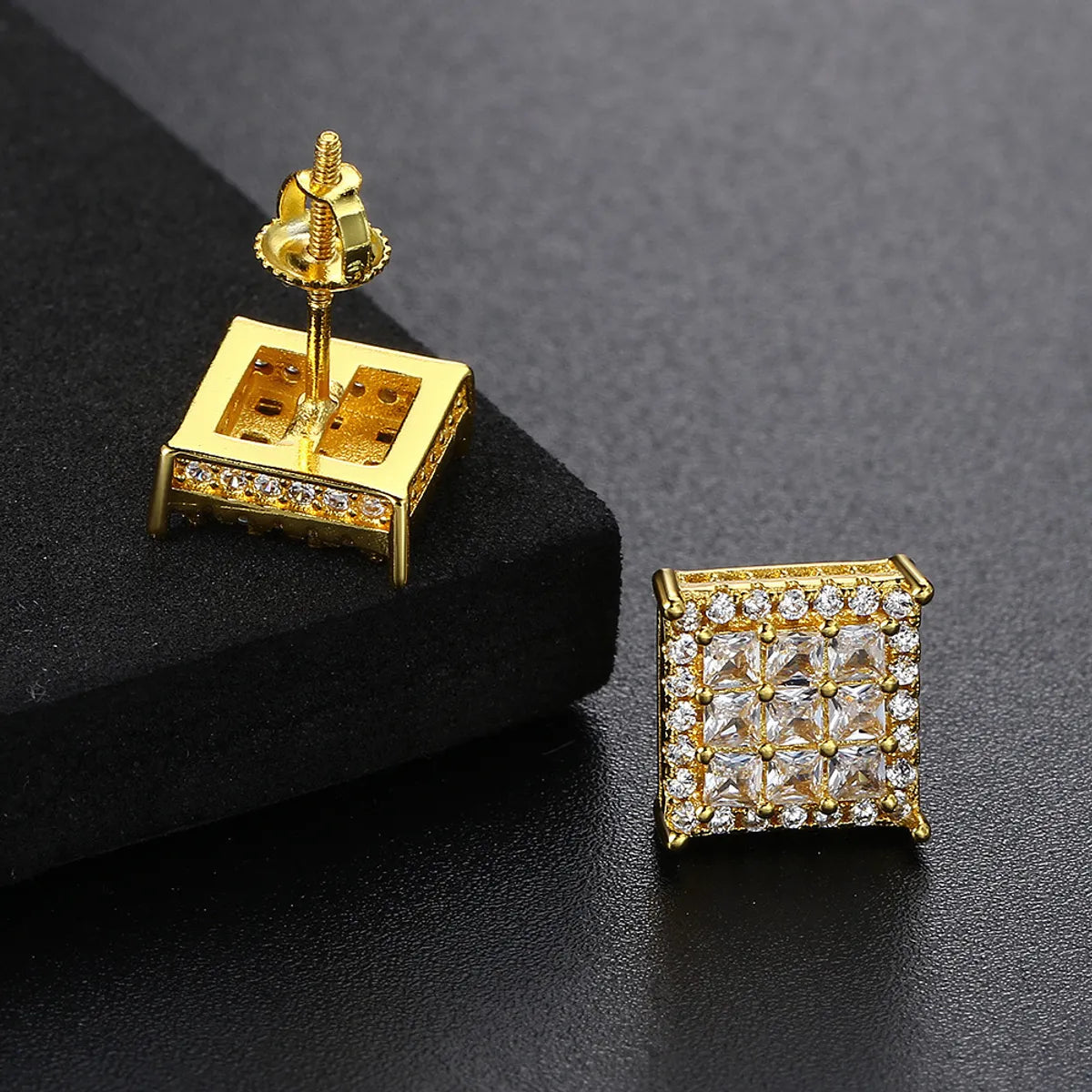 1 Pair Hip-Hop Square Plating Inlay Copper Zircon Ear Studs