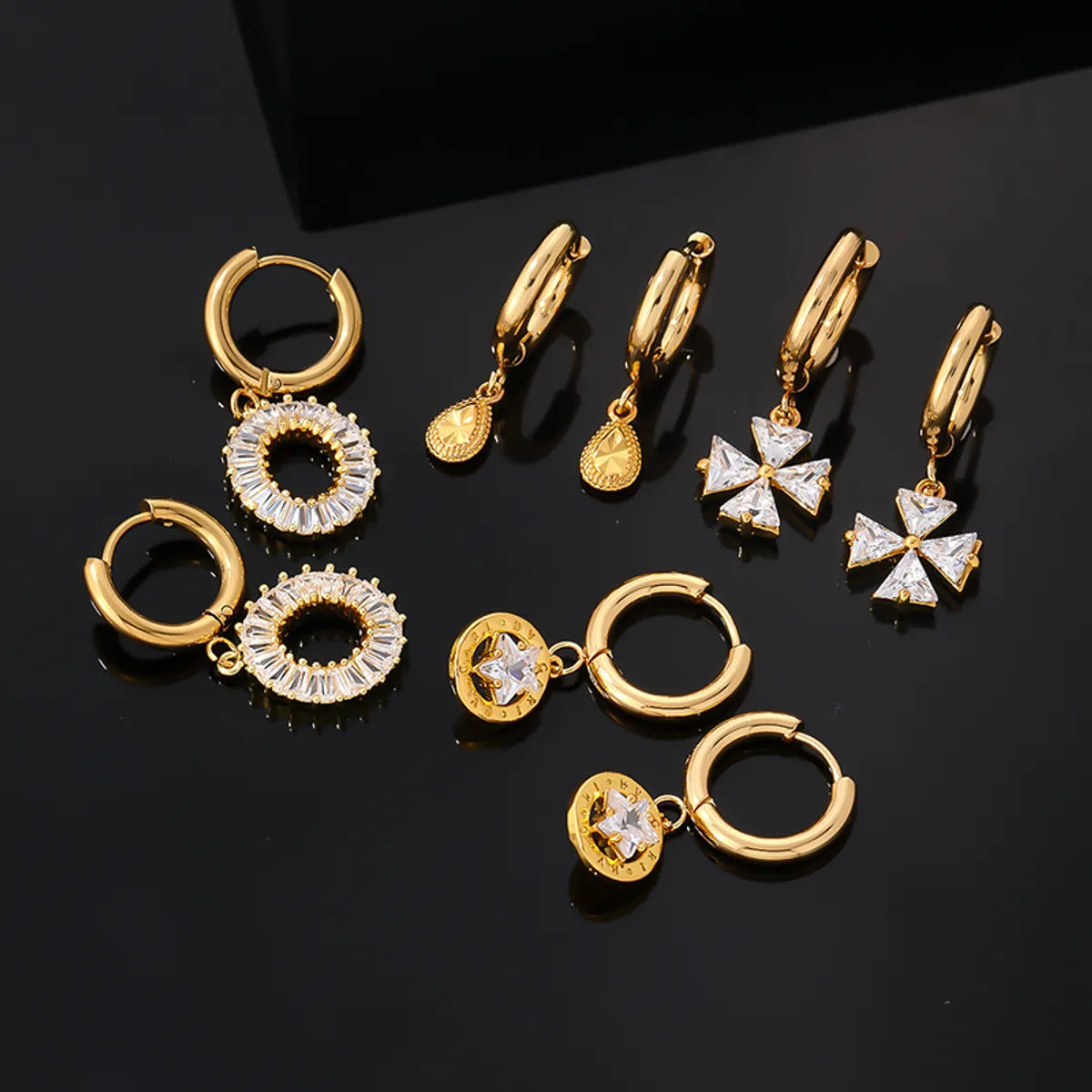 1 Pair Hip-Hop Vintage Style Luxurious Pentagram Plating Inlay Stainless Steel Copper Zircon Gold Plated Drop Earrings