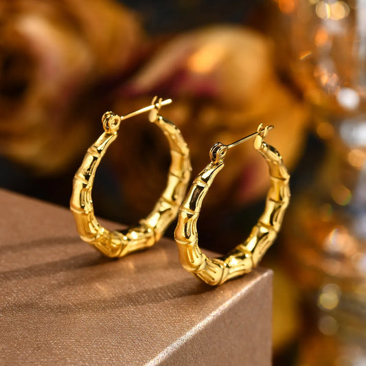 1 Pair IG Style Bamboo Stainless Steel 18K Gold Plated Hoop Earrings