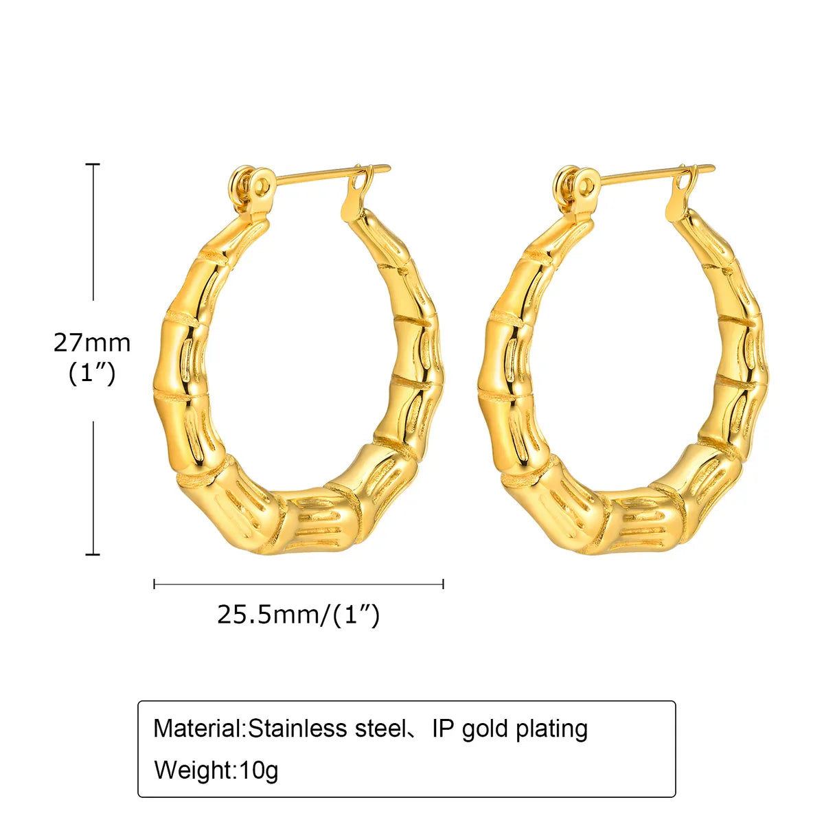 1 Pair IG Style Bamboo Stainless Steel 18K Gold Plated Hoop Earrings