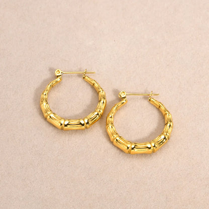 1 Pair IG Style Bamboo Stainless Steel 18K Gold Plated Hoop Earrings