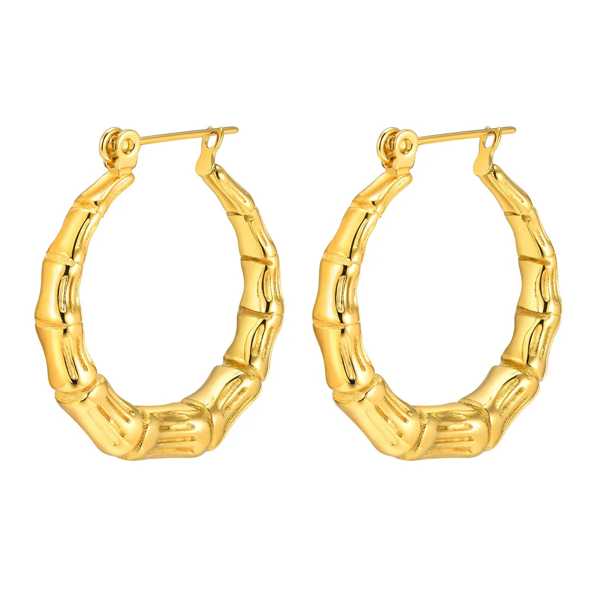 1 Pair IG Style Bamboo Stainless Steel 18K Gold Plated Hoop Earrings