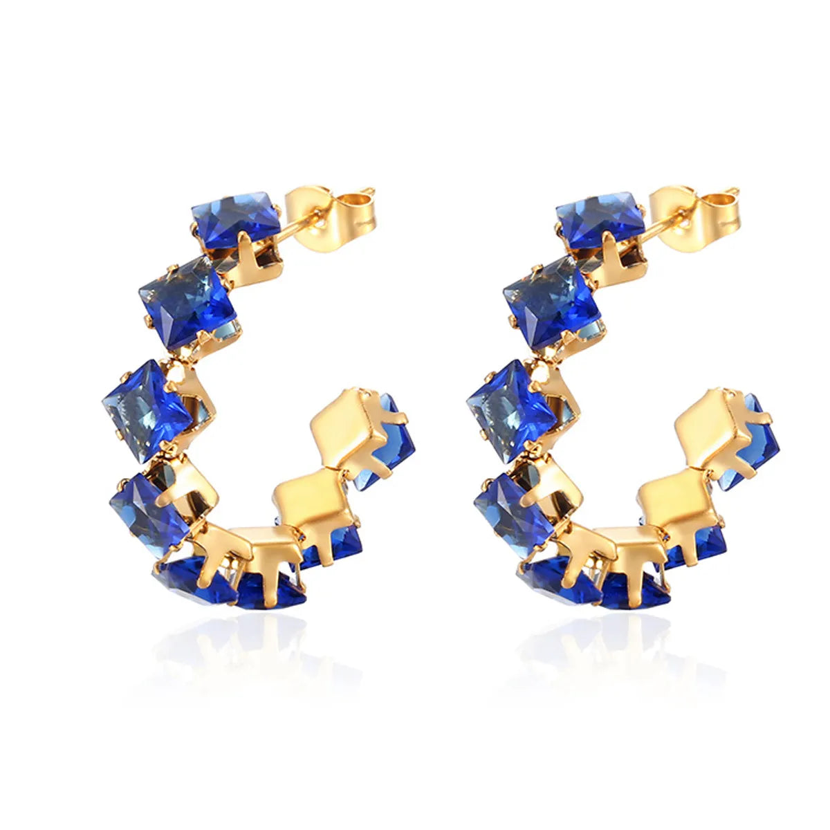 1 Pair IG Style Baroque Style Shiny C Shape Rhombus Inlay 316 Stainless Steel  Zircon 18K Gold Plated Ear Studs