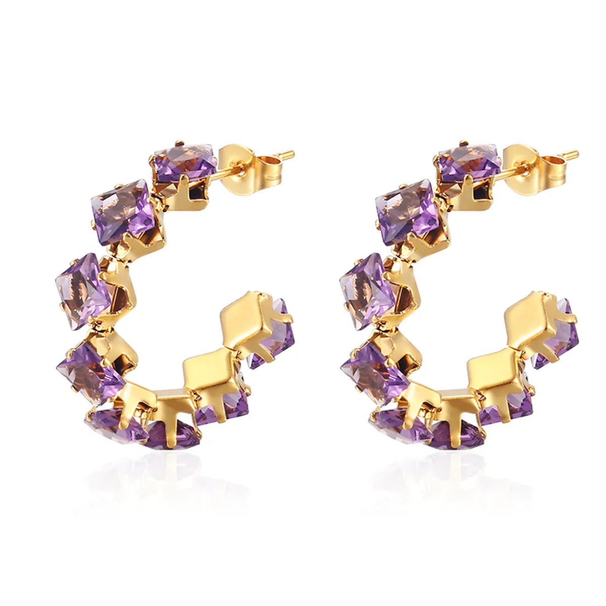 1 Pair IG Style Baroque Style Shiny C Shape Rhombus Inlay 316 Stainless Steel  Zircon 18K Gold Plated Ear Studs