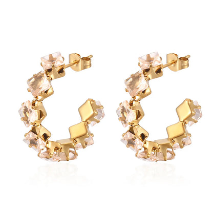 1 Pair IG Style Baroque Style Shiny C Shape Rhombus Inlay 316 Stainless Steel  Zircon 18K Gold Plated Ear Studs