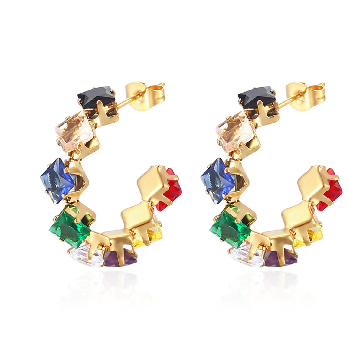 1 Pair IG Style Baroque Style Shiny C Shape Rhombus Inlay 316 Stainless Steel  Zircon 18K Gold Plated Ear Studs