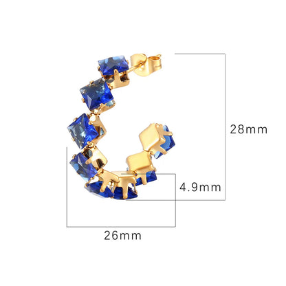 1 Pair IG Style Baroque Style Shiny C Shape Rhombus Inlay 316 Stainless Steel  Zircon 18K Gold Plated Ear Studs