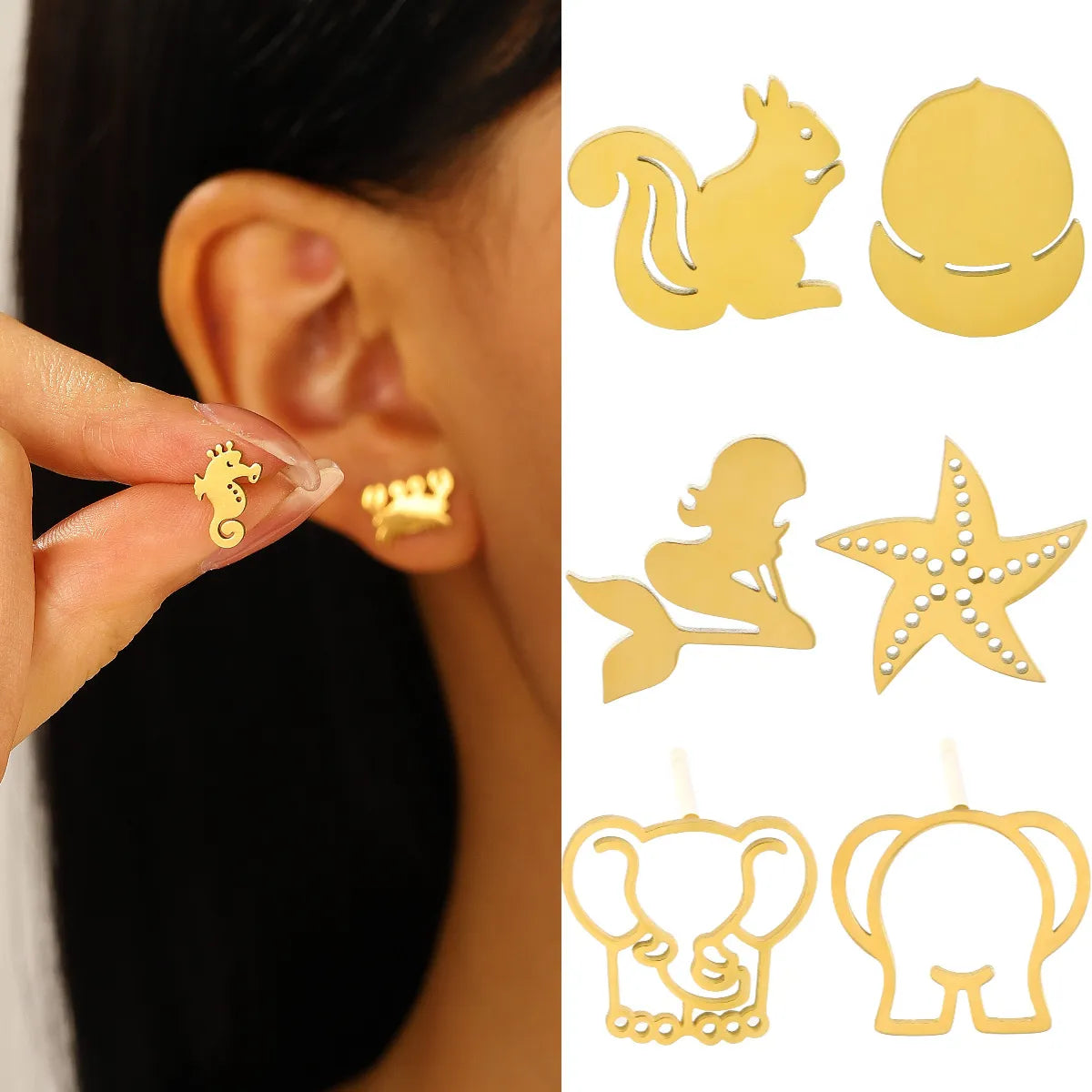 1 Pair IG Style Basic Cactus Animal Star Plating 304 Stainless Steel Ear Studs