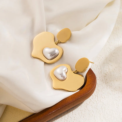 1 Pair Ig Style Basic Geometric Heart Shape Irregular Plating Inlay Stainless Steel Artificial Pearls 18k Gold Plated Drop Earrings