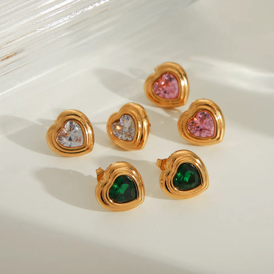 1 Pair IG Style Basic Heart Shape 304 Stainless Steel Zircon 18K Gold Plated Ear Studs