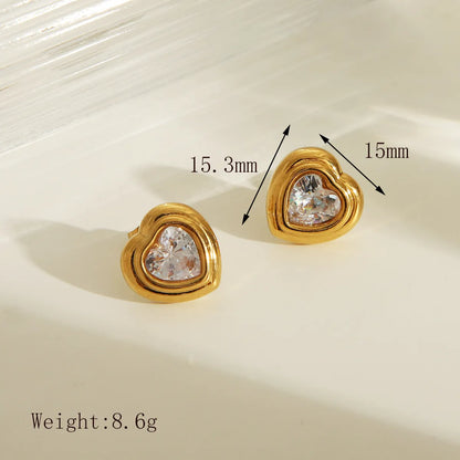 1 Pair IG Style Basic Heart Shape 304 Stainless Steel Zircon 18K Gold Plated Ear Studs