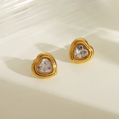 1 Pair IG Style Basic Heart Shape 304 Stainless Steel Zircon 18K Gold Plated Ear Studs