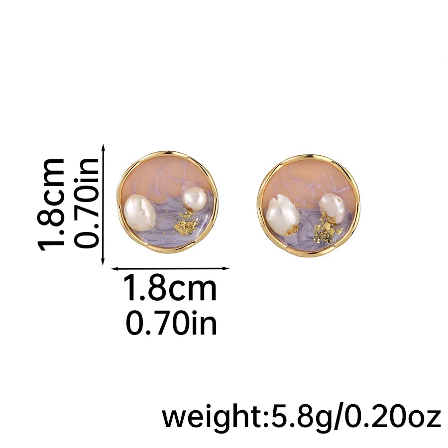 1 Pair IG Style Beach Round Enamel Inlay Copper Freshwater Pearl 18K Gold Plated Silver Plated Ear Studs