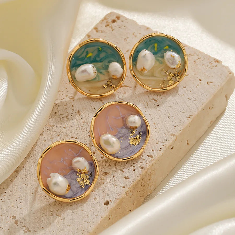 1 Pair IG Style Beach Round Enamel Inlay Copper Freshwater Pearl 18K Gold Plated Silver Plated Ear Studs