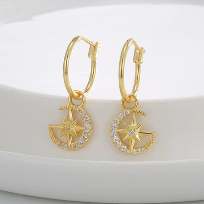 1 Pair Ig Style British Style Star Moon Key Plating Inlay Copper Pearl Beads Zircon 18k Gold Plated Drop Earrings