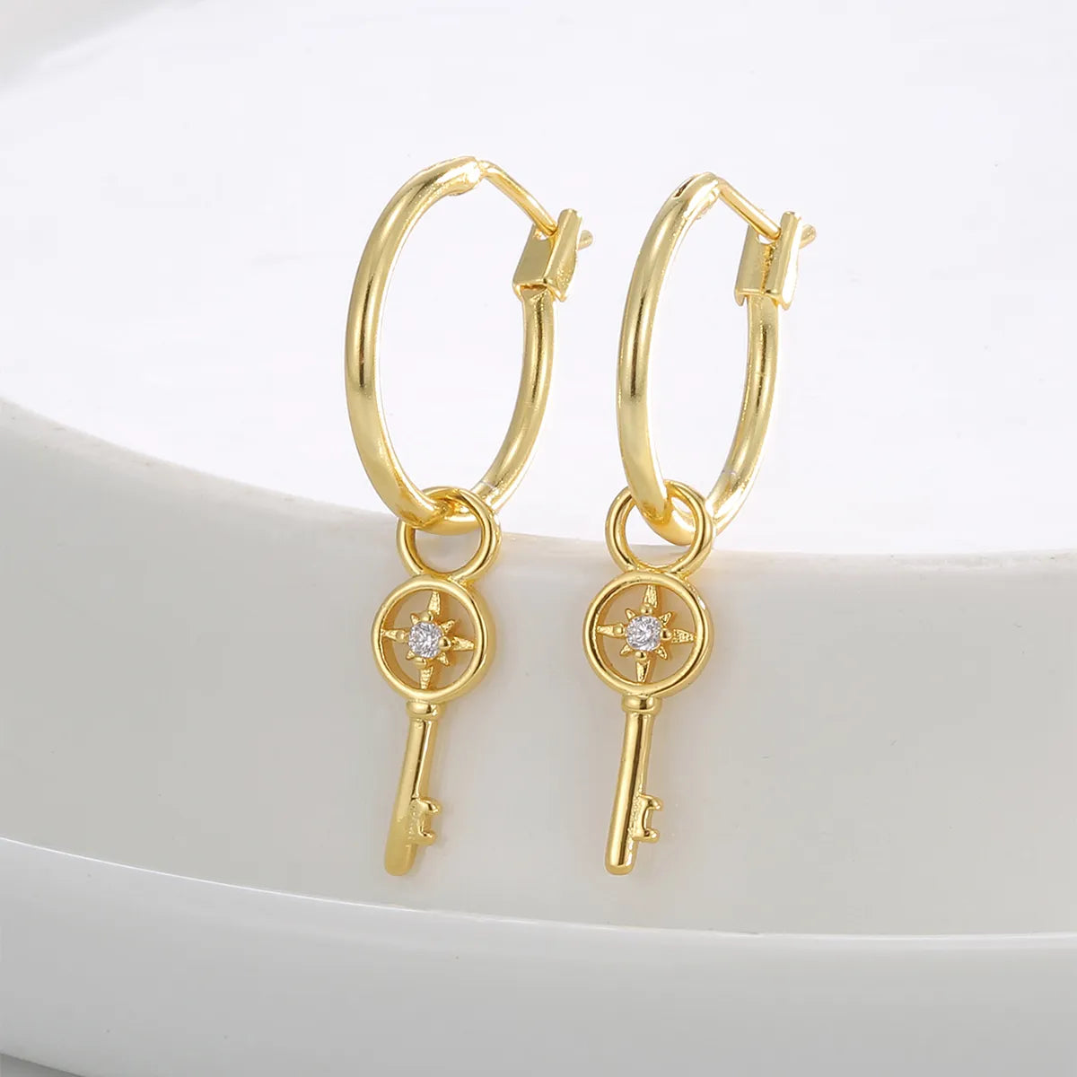 1 Pair Ig Style British Style Star Moon Key Plating Inlay Copper Pearl Beads Zircon 18k Gold Plated Drop Earrings