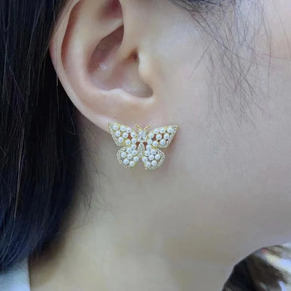 1 Pair Ig Style Butterfly Inlay Copper Artificial Pearls Zircon Ear Studs