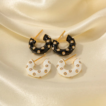 1 Pair Ig Style C Shape Enamel Plating Inlay Stainless Steel Artificial Diamond 18k Gold Plated Ear Studs