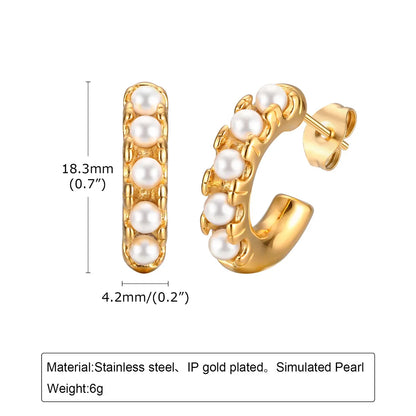 1 Pair IG Style C Shape Inlay 304 Stainless Steel Artificial Pearls 18K Gold Plated Ear Studs