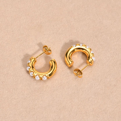 1 Pair IG Style C Shape Inlay 304 Stainless Steel Artificial Pearls 18K Gold Plated Ear Studs