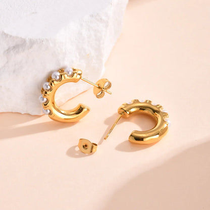 1 Pair IG Style C Shape Inlay 304 Stainless Steel Artificial Pearls 18K Gold Plated Ear Studs