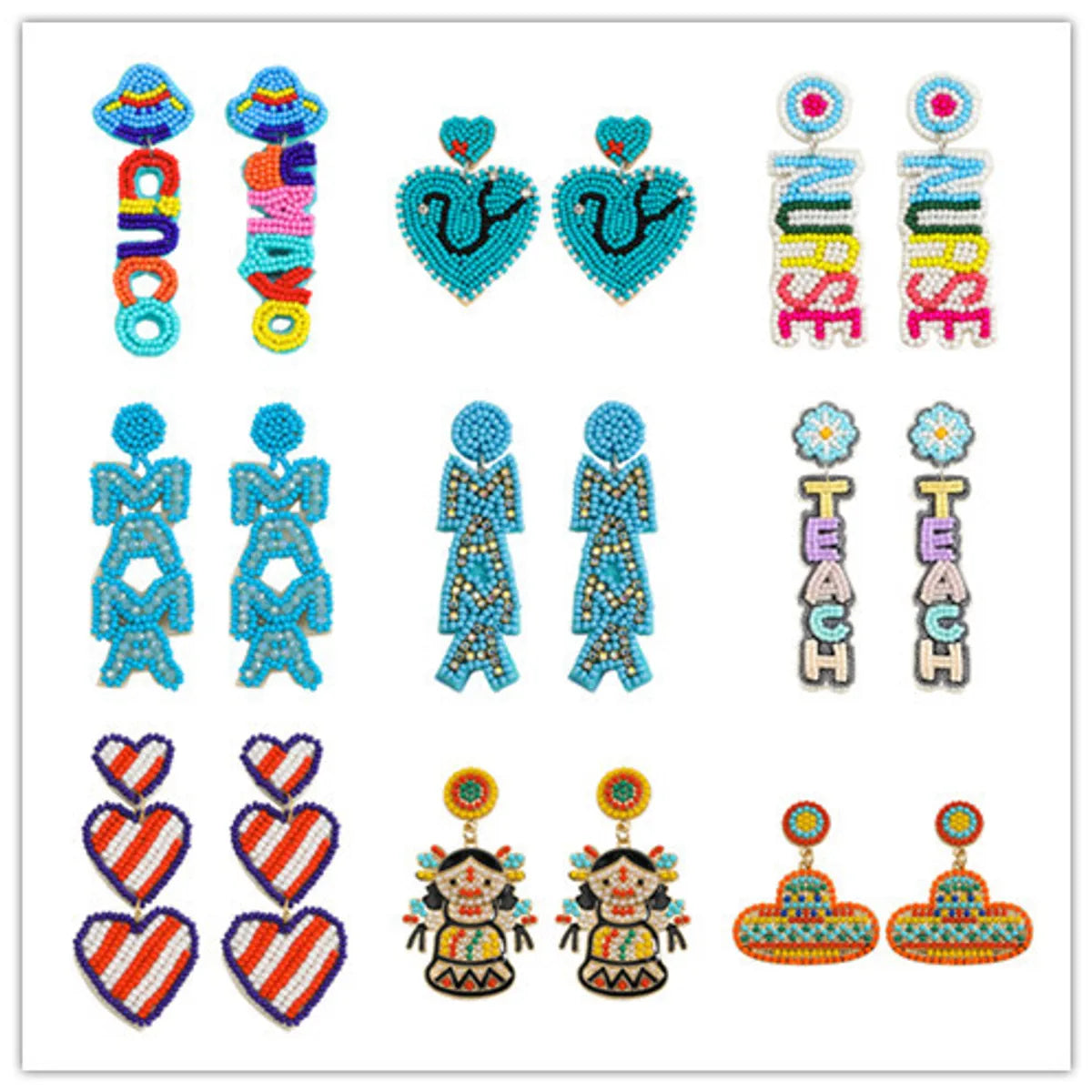 1 Pair IG Style Casual Doll Letter Heart Shape Beaded Inlay Seed Bead Rhinestones Drop Earrings