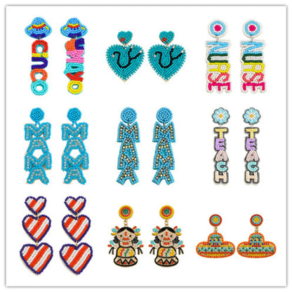 1 Pair IG Style Casual Doll Letter Heart Shape Beaded Inlay Seed Bead Rhinestones Drop Earrings