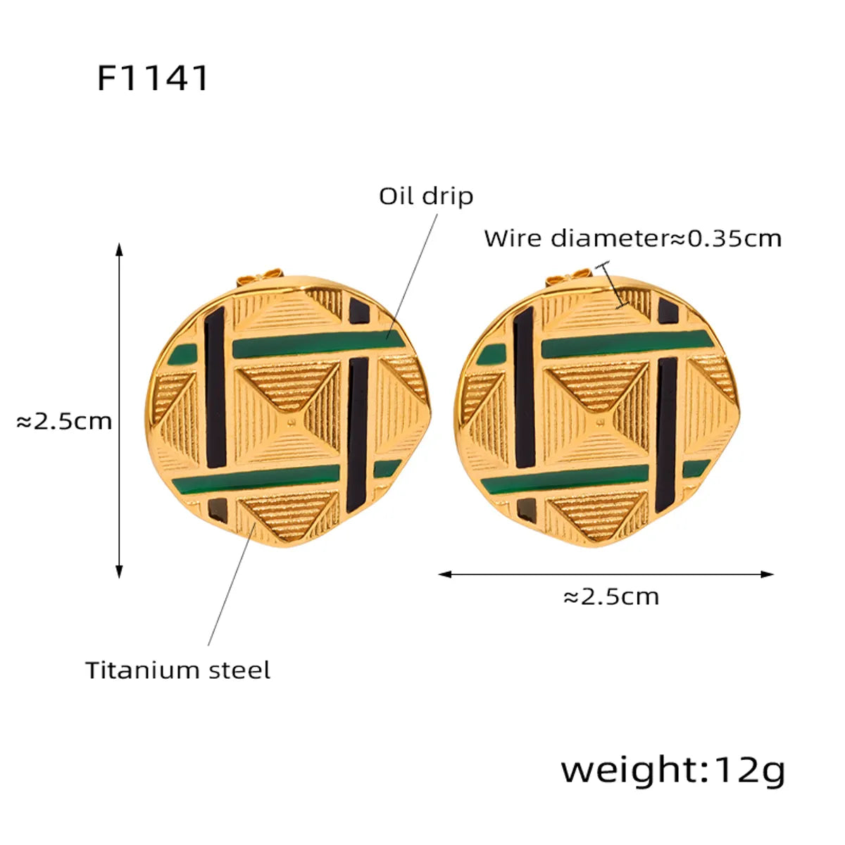 1 Pair Ig Style Casual Modern Style Round Lines Rhombus Enamel Plating Titanium Steel 18k Gold Plated Ear Studs