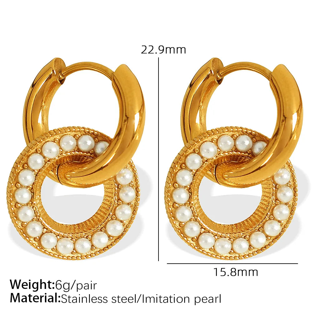 1 Pair IG Style Casual Simple Style Geometric Round Square Polishing Inlay 304 Stainless Steel Artificial Pearls Rhinestones 18K Gold Plated Drop Earrings