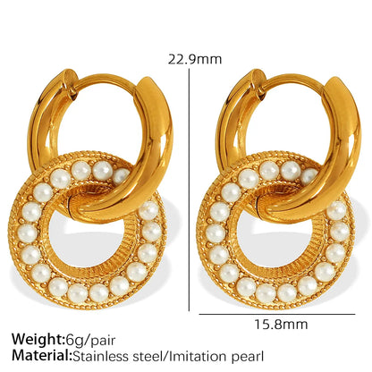 1 Pair IG Style Casual Simple Style Geometric Round Square Polishing Inlay 304 Stainless Steel Artificial Pearls Rhinestones 18K Gold Plated Drop Earrings