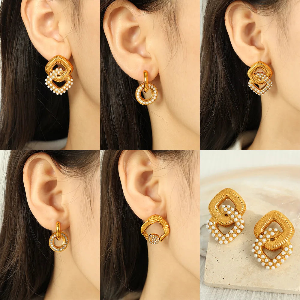 1 Pair IG Style Casual Simple Style Geometric Round Square Polishing Inlay 304 Stainless Steel Artificial Pearls Rhinestones 18K Gold Plated Drop Earrings