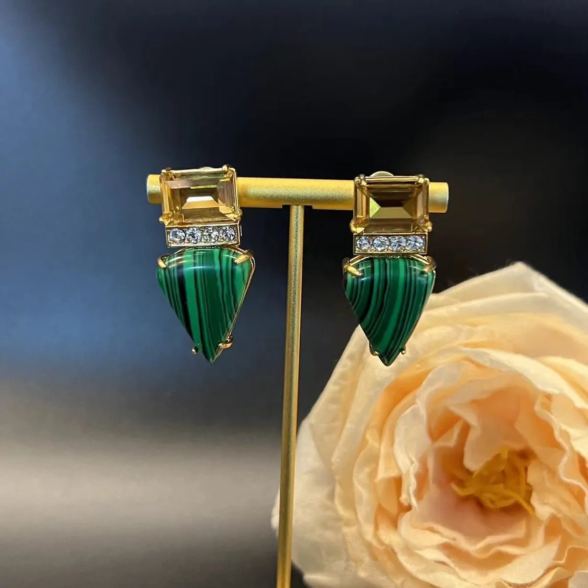 1 Pair IG Style Casual Simple Style Triangle Rectangle Inlay Copper Artificial Crystal Malachite Rhinestones 24K Gold Plated Drop Earrings