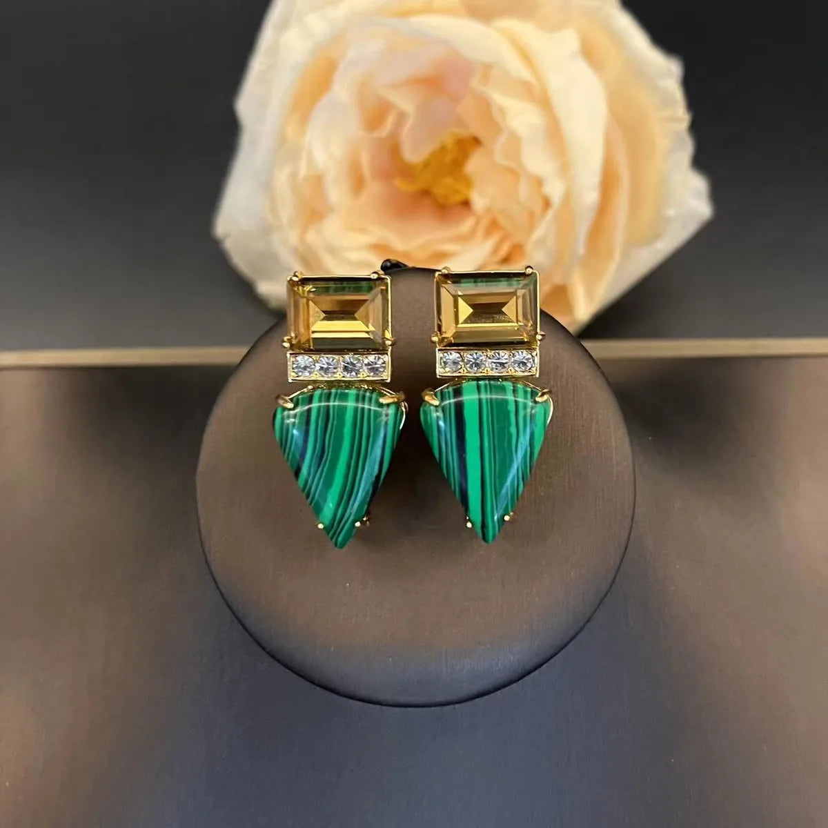 1 Pair IG Style Casual Simple Style Triangle Rectangle Inlay Copper Artificial Crystal Malachite Rhinestones 24K Gold Plated Drop Earrings