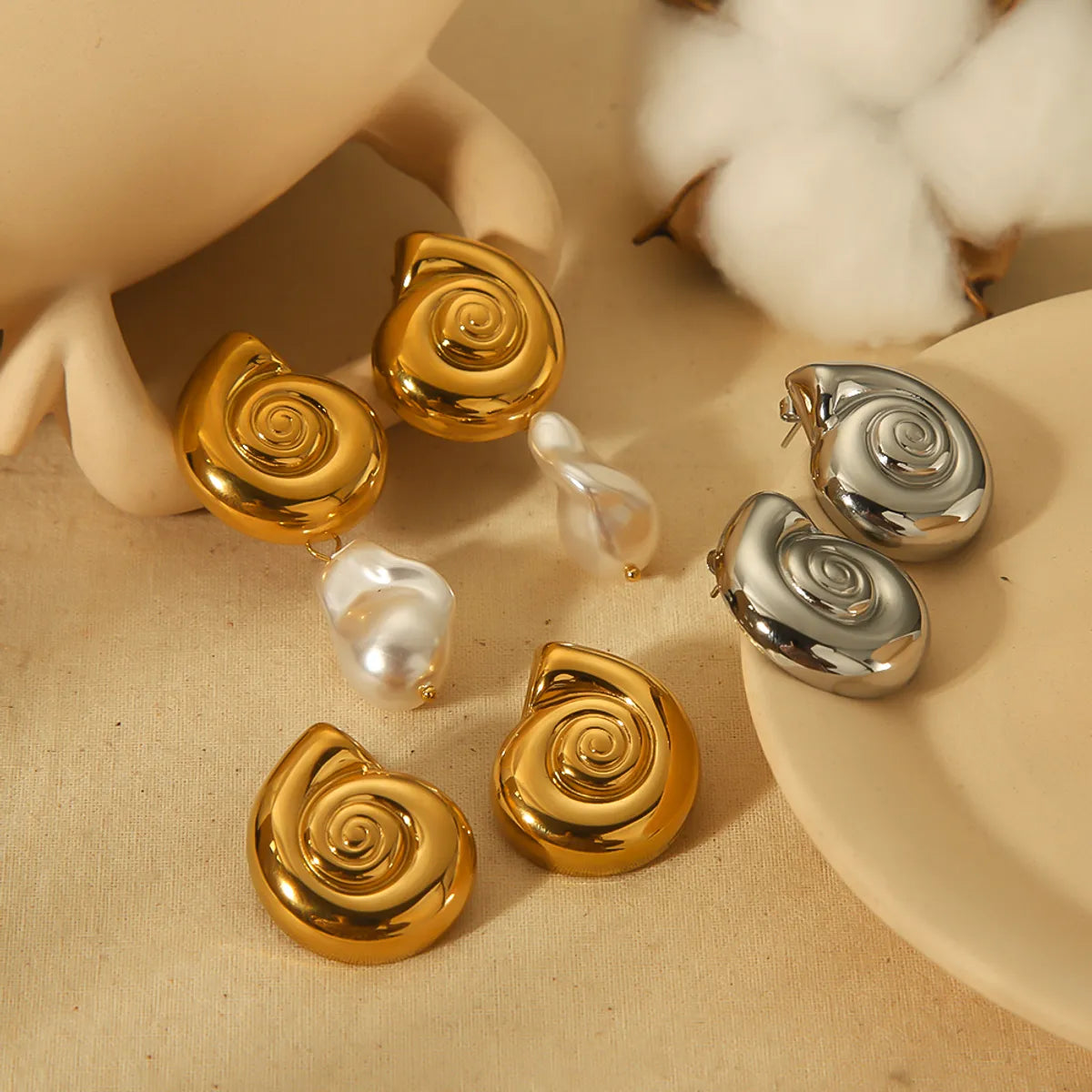 1 Pair IG Style Casual Spiral Polishing Pearl 304 Stainless Steel 18K Gold Plated Ear Studs