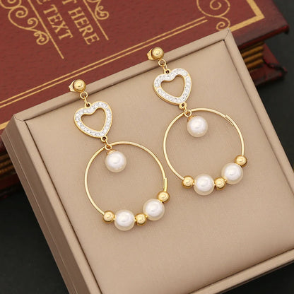 1 Pair IG Style Casual Star Water Droplets Heart Shape Beaded Plating Stainless Steel Pearl Zircon 18K Gold Plated Drop Earrings