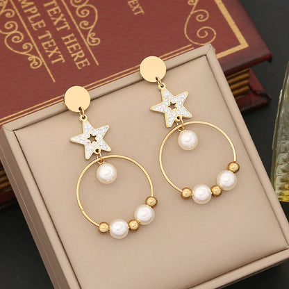 1 Pair IG Style Casual Star Water Droplets Heart Shape Beaded Plating Stainless Steel Pearl Zircon 18K Gold Plated Drop Earrings