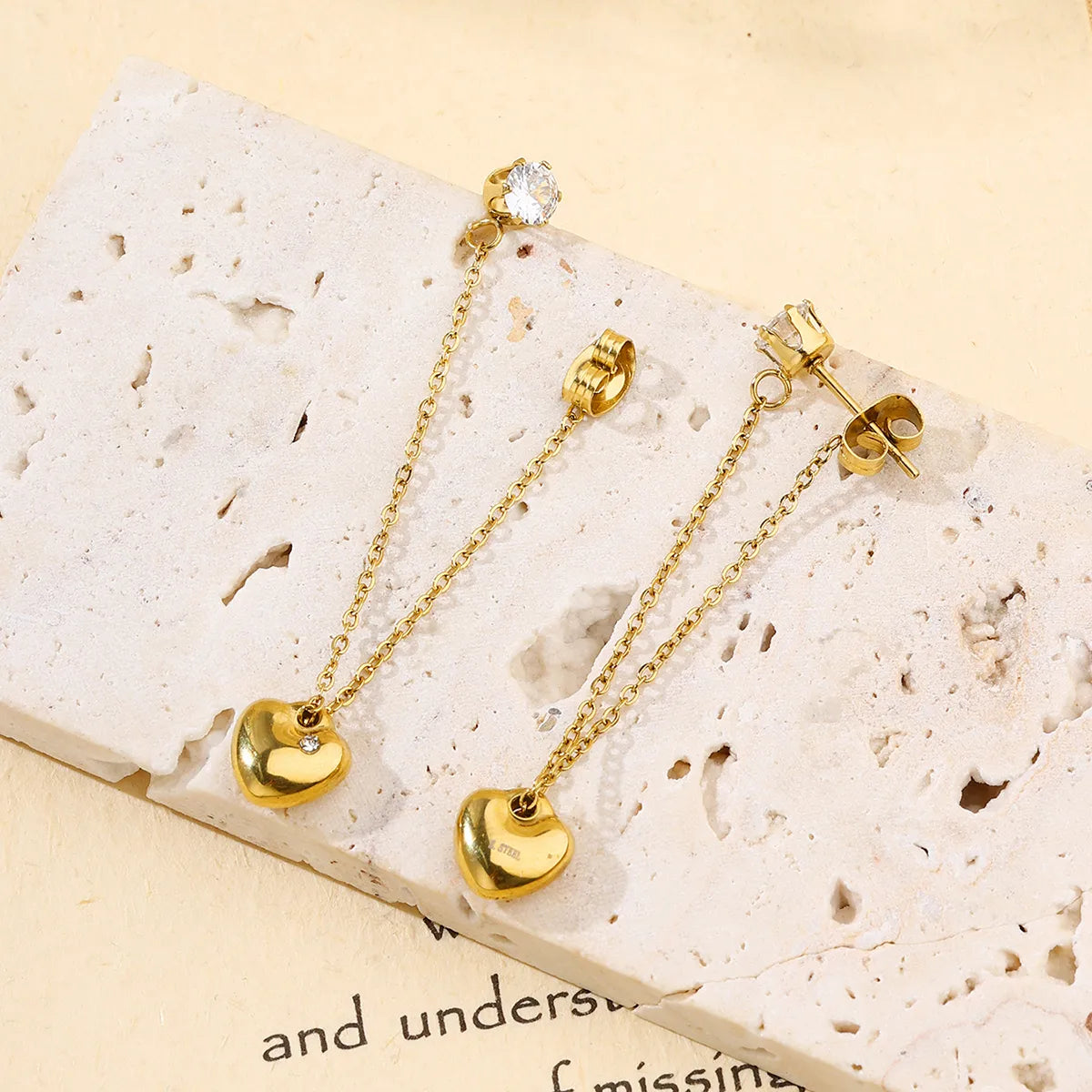 1 Pair IG Style Casual Sweet Heart Shape Chain Inlay 304 Stainless Steel Zircon 18K Gold Plated Drop Earrings