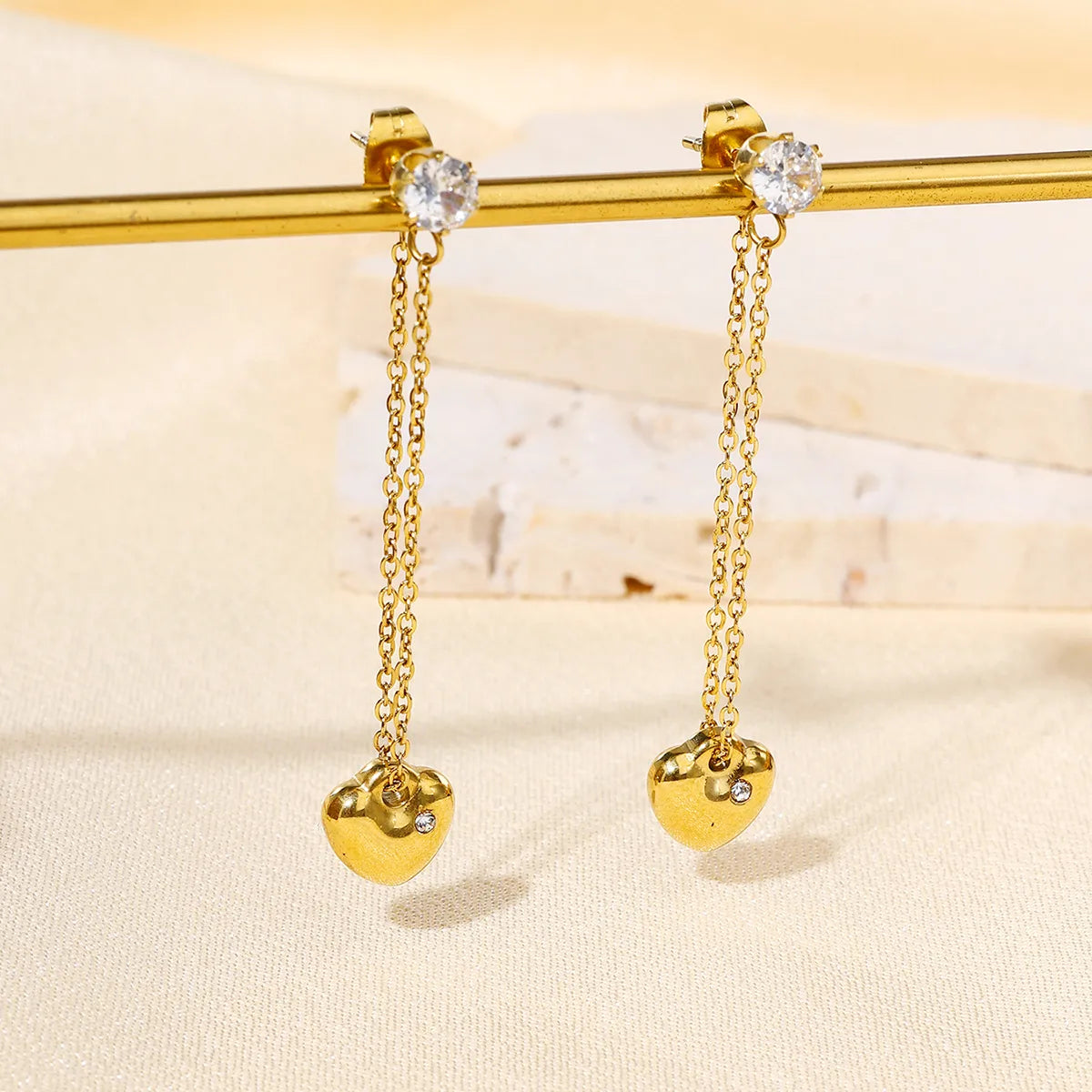 1 Pair IG Style Casual Sweet Heart Shape Chain Inlay 304 Stainless Steel Zircon 18K Gold Plated Drop Earrings