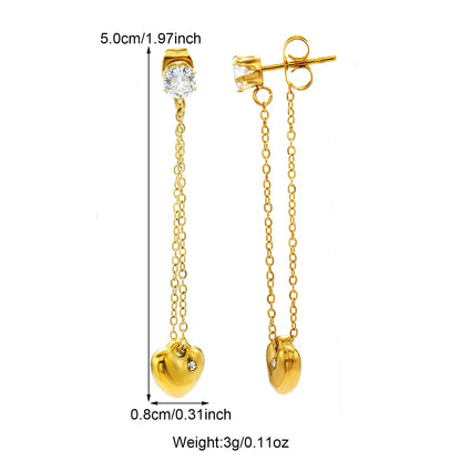 1 Pair IG Style Casual Sweet Heart Shape Chain Inlay 304 Stainless Steel Zircon 18K Gold Plated Drop Earrings