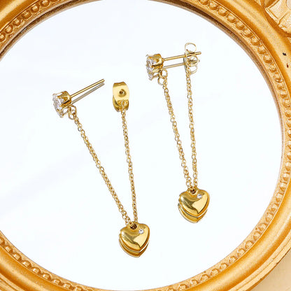 1 Pair IG Style Casual Sweet Heart Shape Chain Inlay 304 Stainless Steel Zircon 18K Gold Plated Drop Earrings