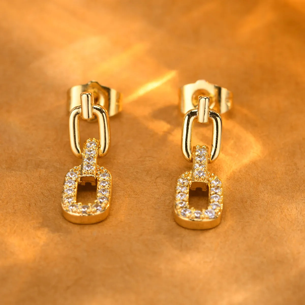 1 Pair IG Style Chain Inlay Copper Zircon 18K Gold Plated Drop Earrings