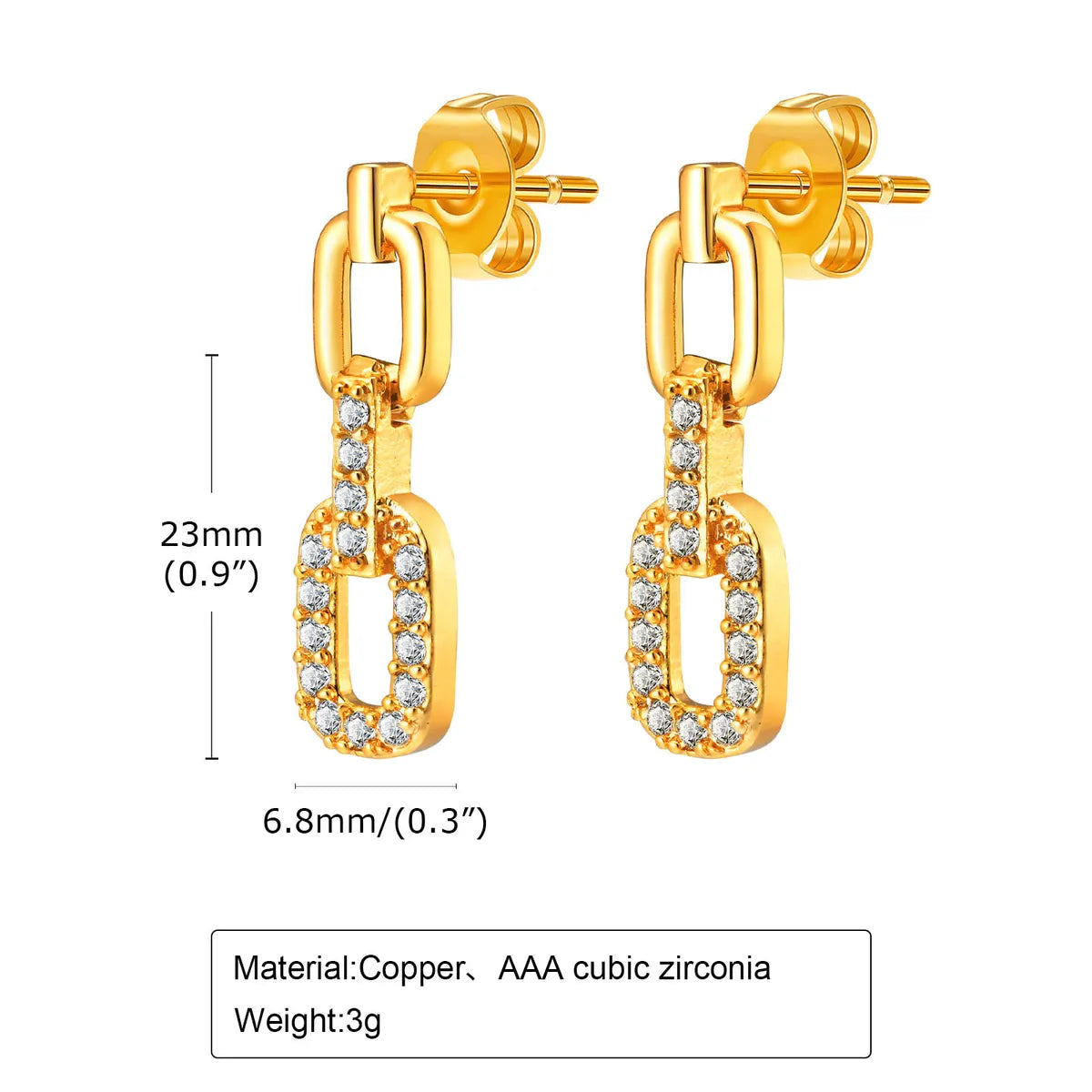 1 Pair IG Style Chain Inlay Copper Zircon 18K Gold Plated Drop Earrings