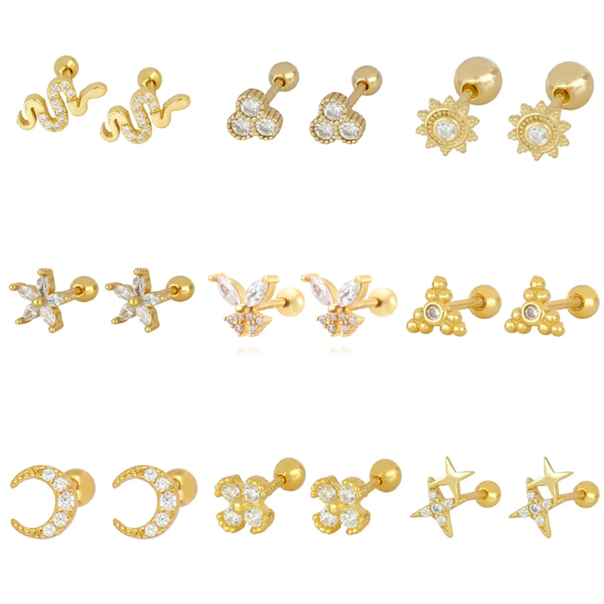 1 Pair Ig Style Classic Style Korean Style Flower Snake Butterfly Plating Inlay Copper Zircon White Gold Plated Gold Plated Ear Studs