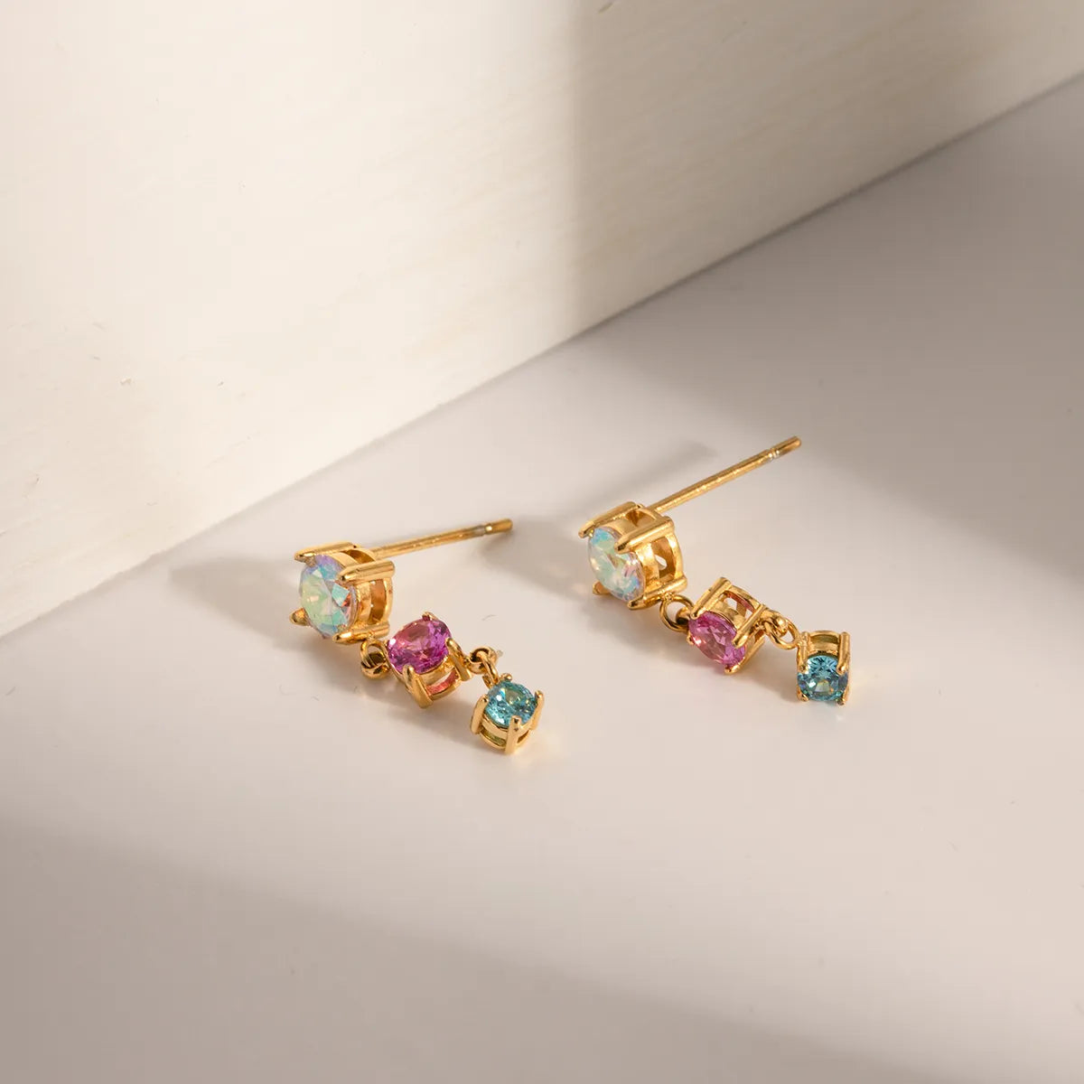 1 Pair IG Style Color Block Inlay Stainless Steel Zircon 18K Gold Plated Drop Earrings