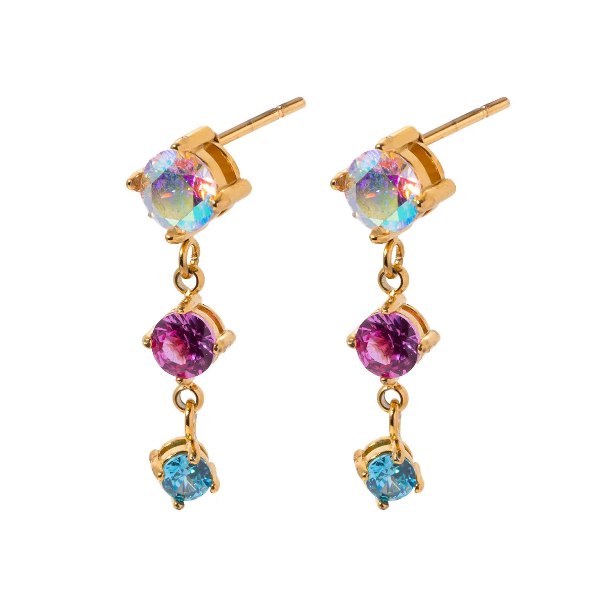 1 Pair IG Style Color Block Inlay Stainless Steel Zircon 18K Gold Plated Drop Earrings