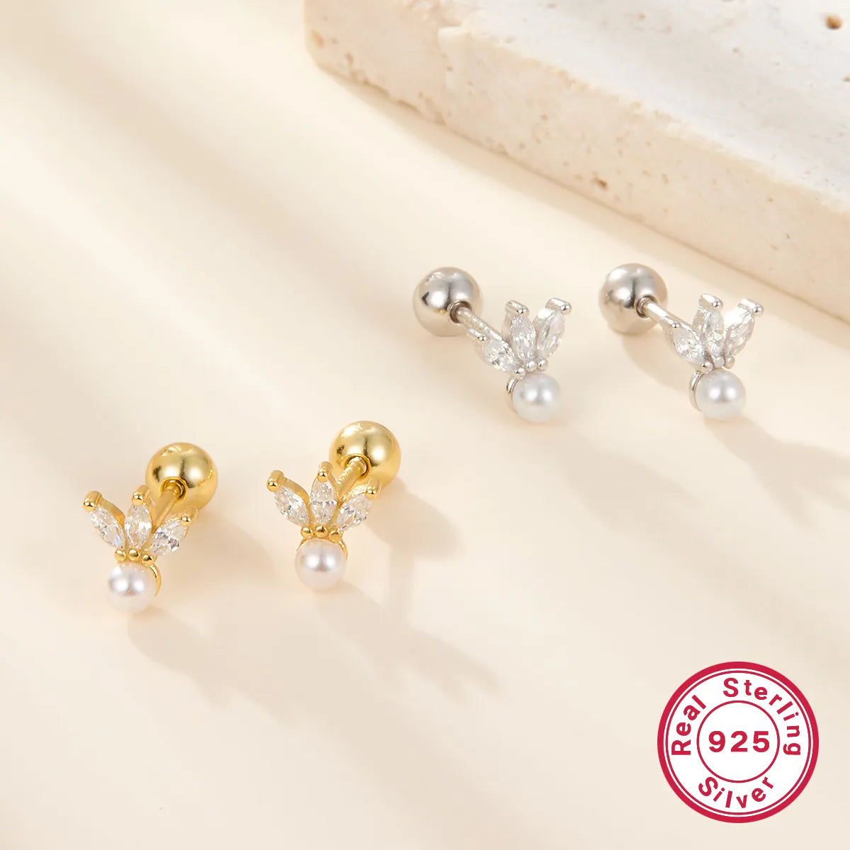 1 Pair Ig Style Commute Flower Plating Inlay Sterling Silver Artificial Pearls Zircon 18k Gold Plated White Gold Plated Ear Studs